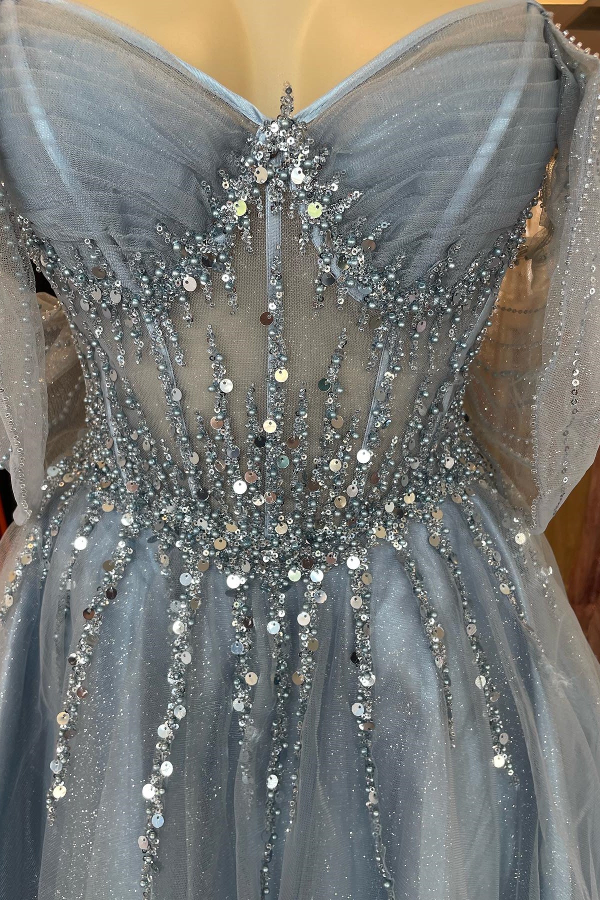 Off the Shoulder Misty Blue Beaded A-line Short Dress