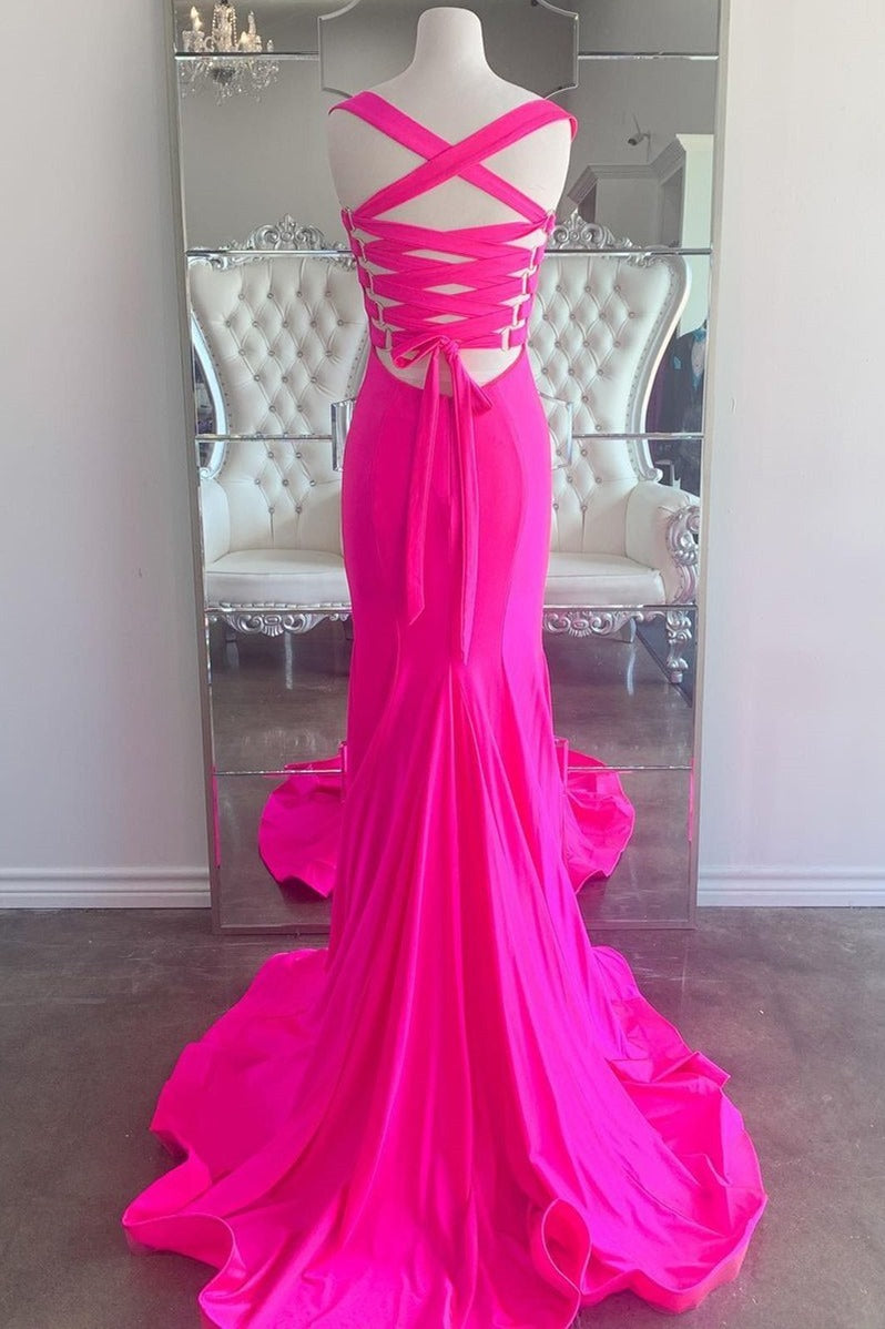 Off the Shoulder Neon Pink Mermaid Long Formal Dress 