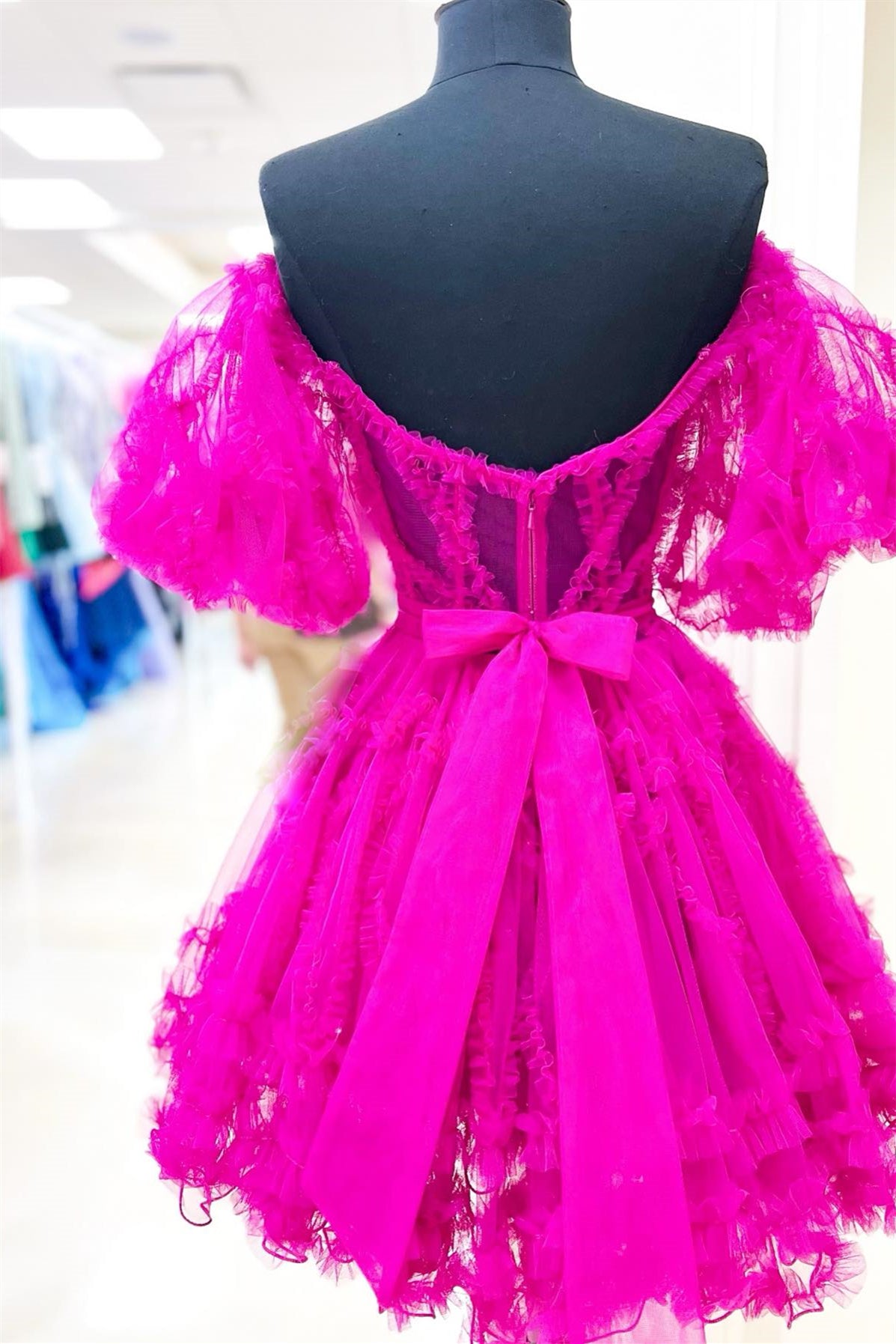 Off the Shoulder Pink Tulle Ruffles Short Homecoming Dress