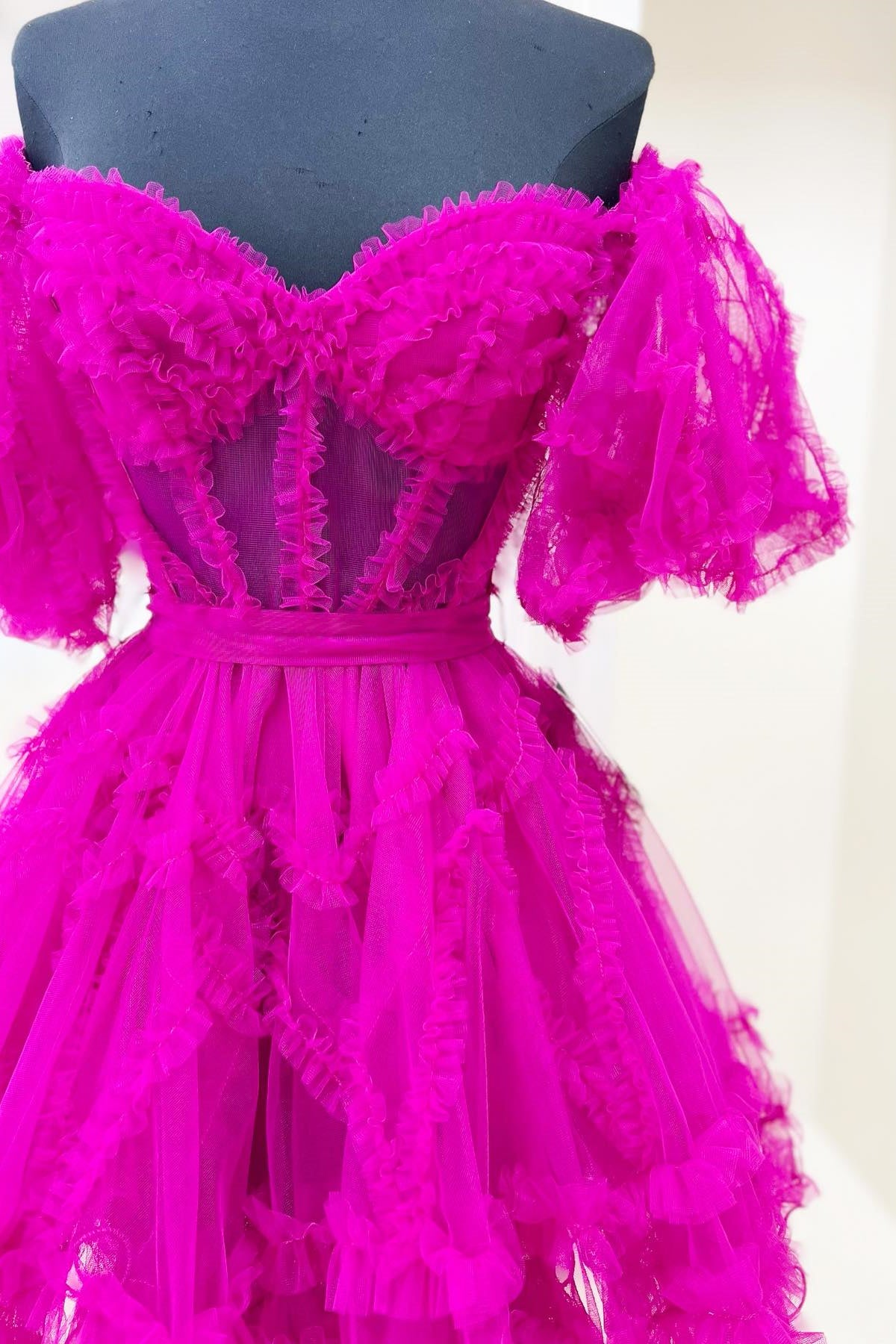 Off the Shoulder Pink Tulle Ruffles Short Homecoming Dress