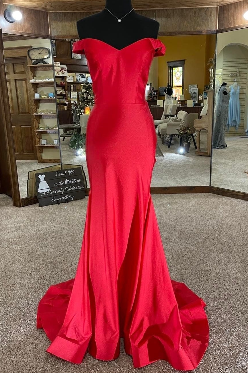 Off the Shoulder Red Mermaid Long Prom Dress