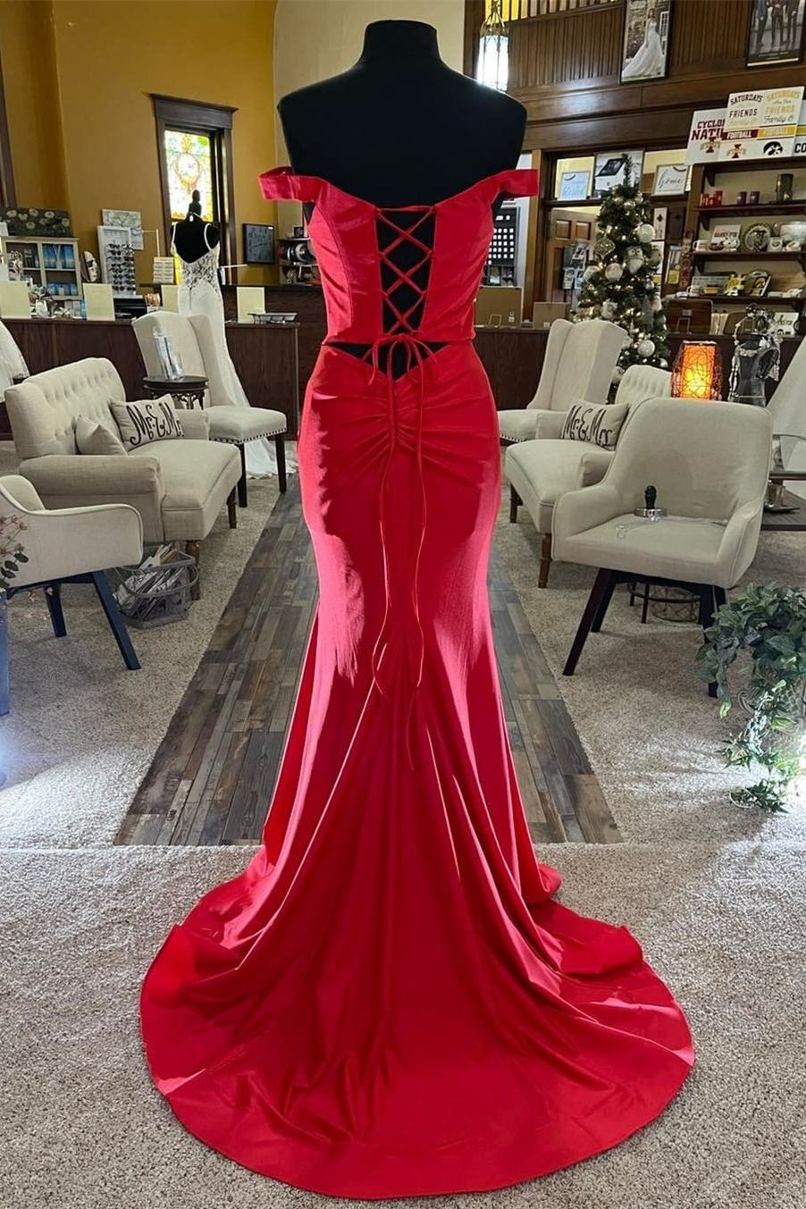Off the Shoulder Red Mermaid Long Prom Dress