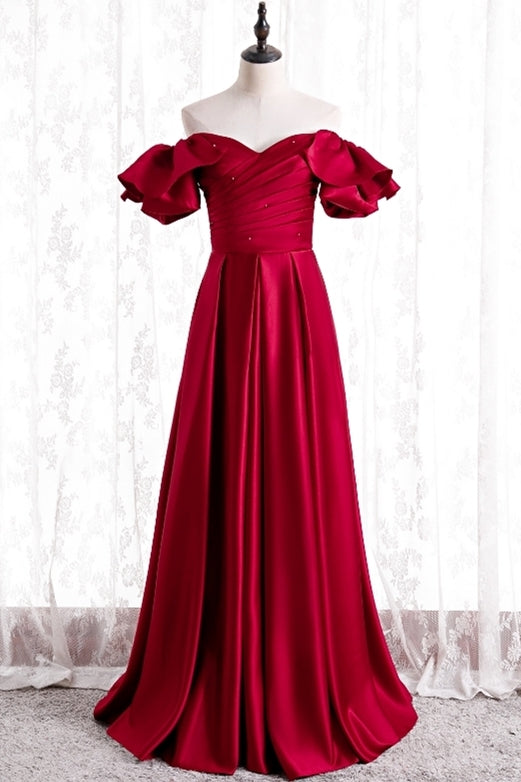 Off the Shoulder Red Satin Long Formal Gown