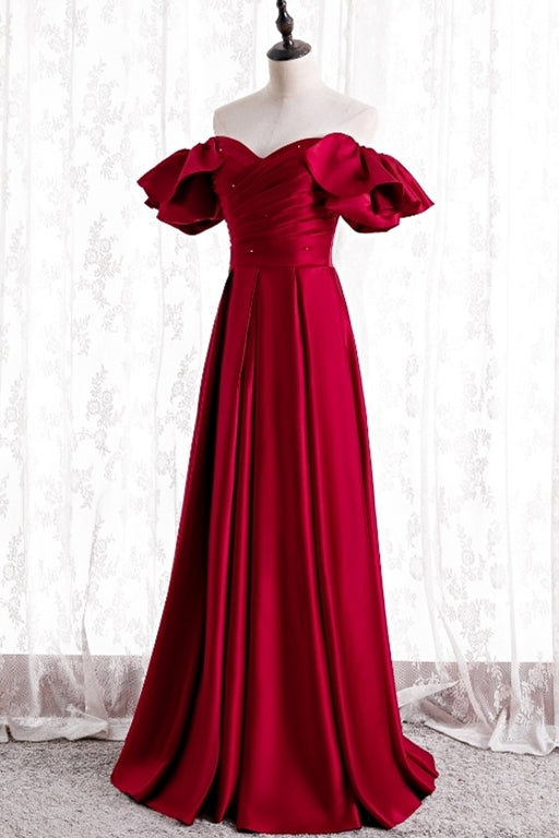Off the Shoulder Red Satin Long Formal Gown