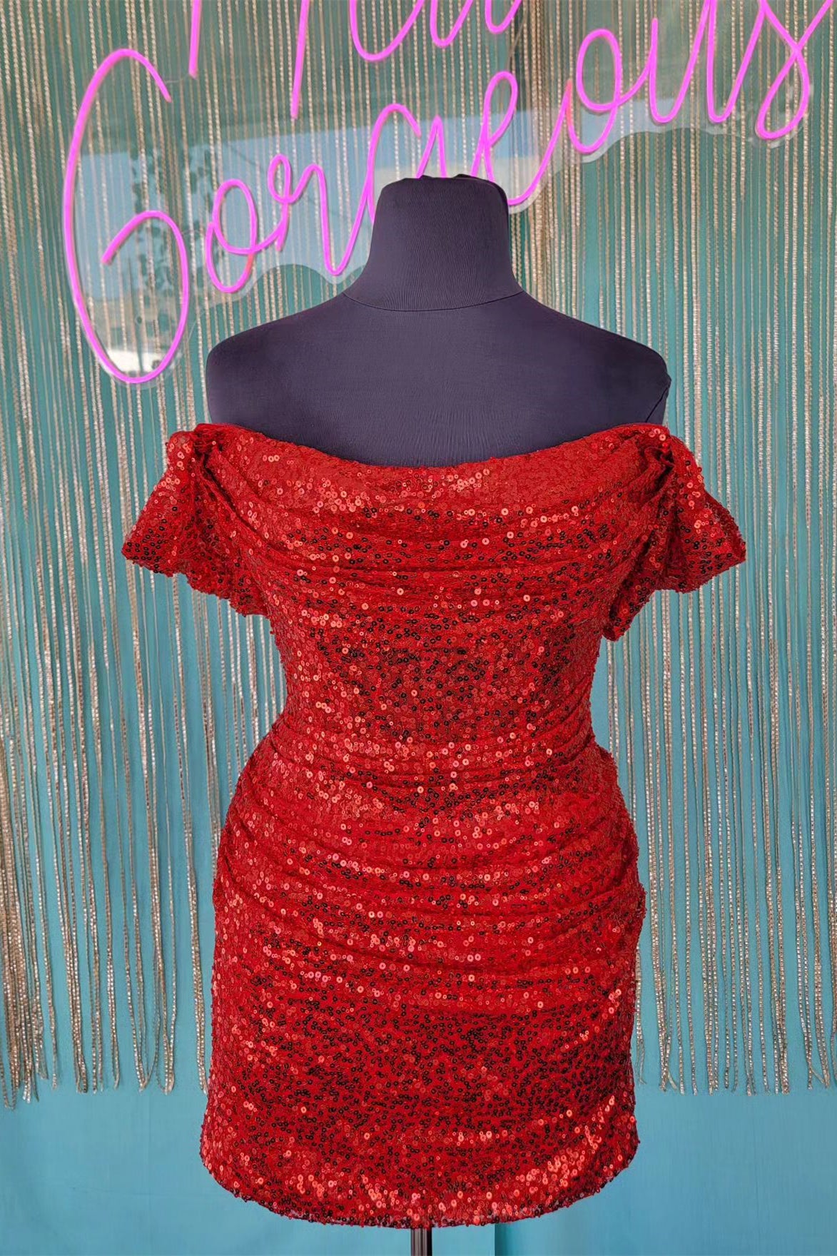 Off the Shoulder Red Sequin Ruched Party Dress
