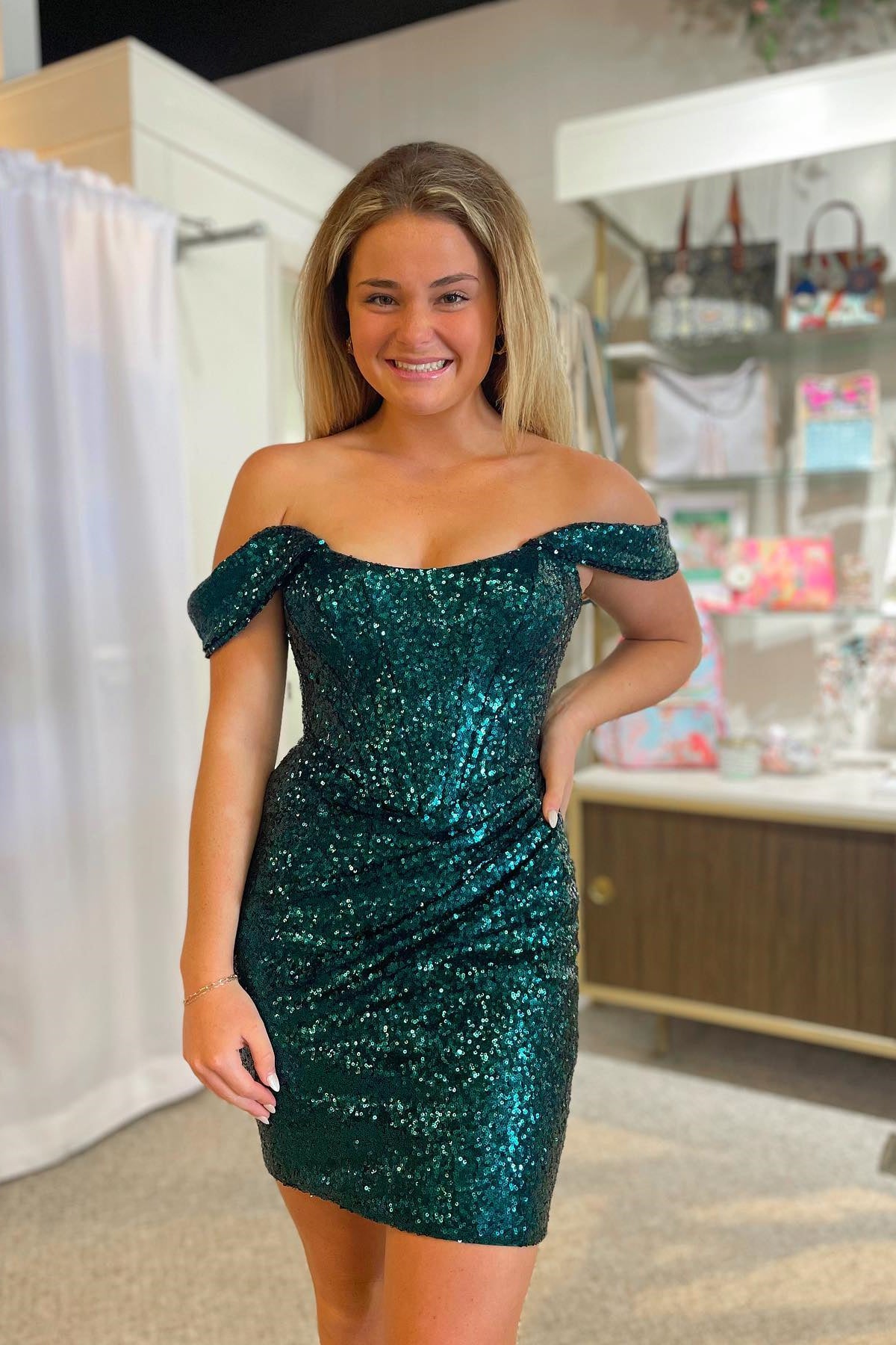 Off the Shoulder Rose Gold Sequin Tight Mini Dress Dressesforparty