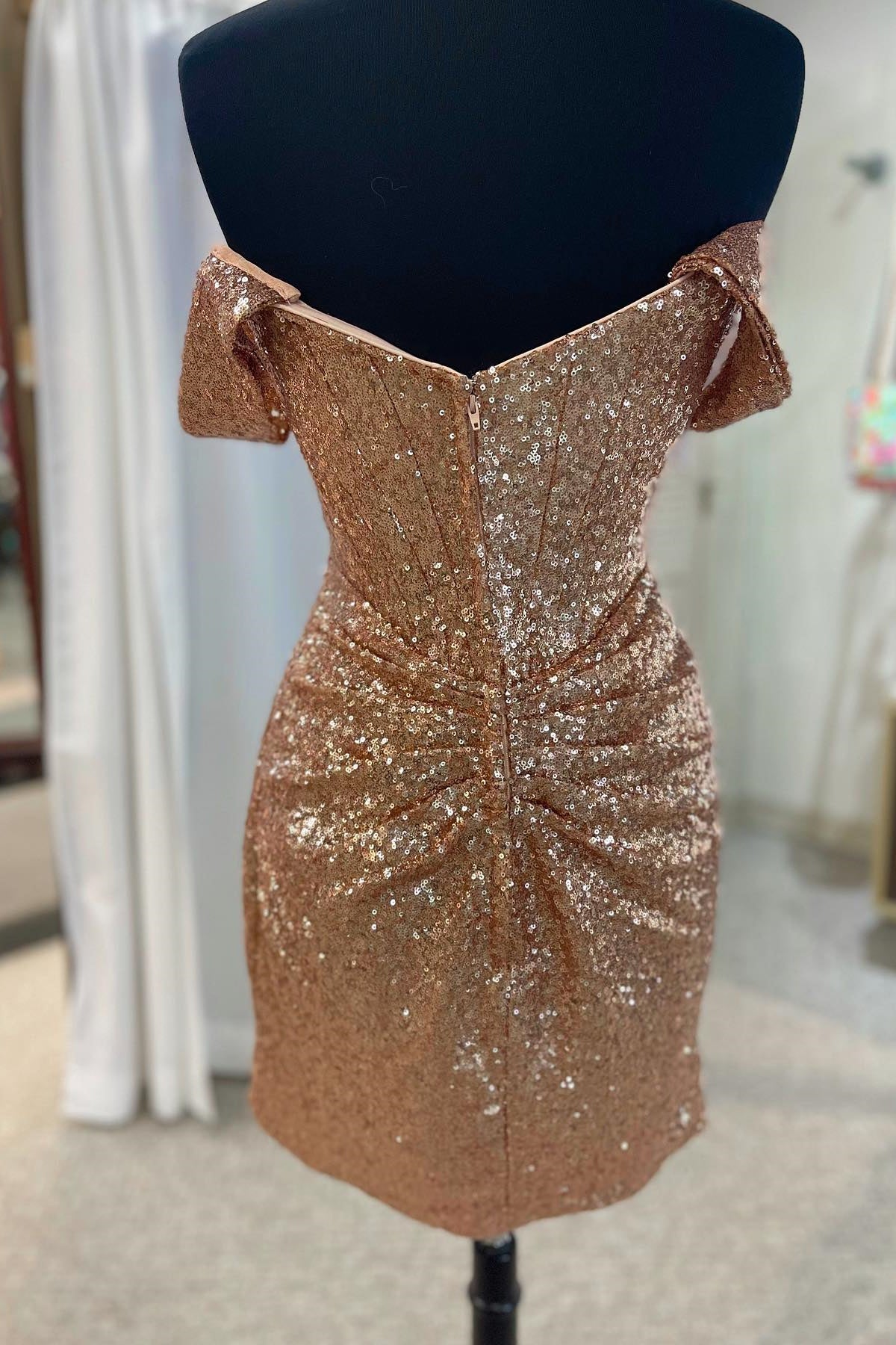 rose gold tight short dress Rose Gold Sparkly Short Prom Dress Sequins Backless Short Homecoming Dress ARD2967