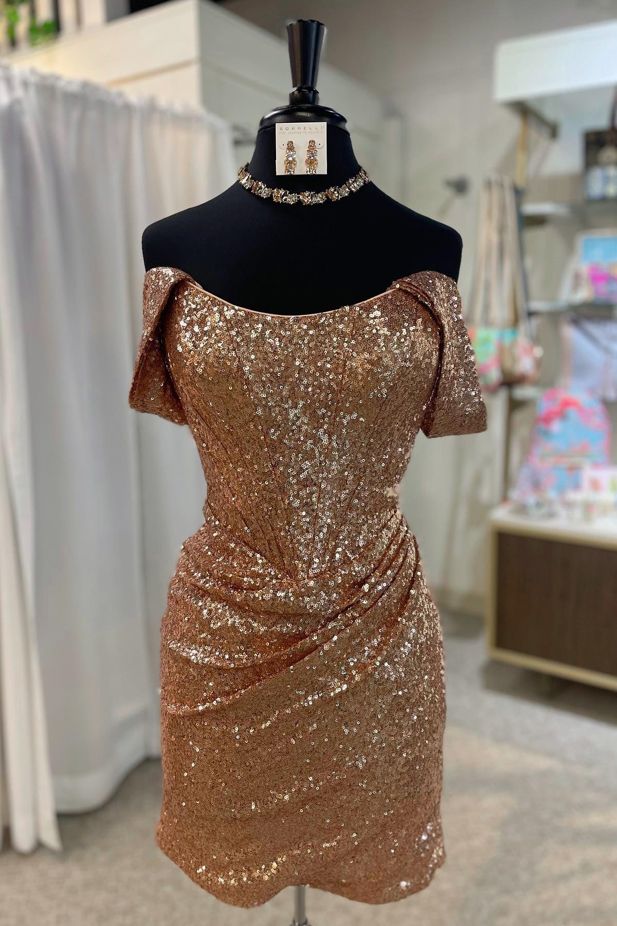 Off the Shoulder Rose Gold Sequin Tight Mini Dress Dressesforparty Off the Shoulder Rose Gold Sequin Tight Mini Dress Dressesforparty