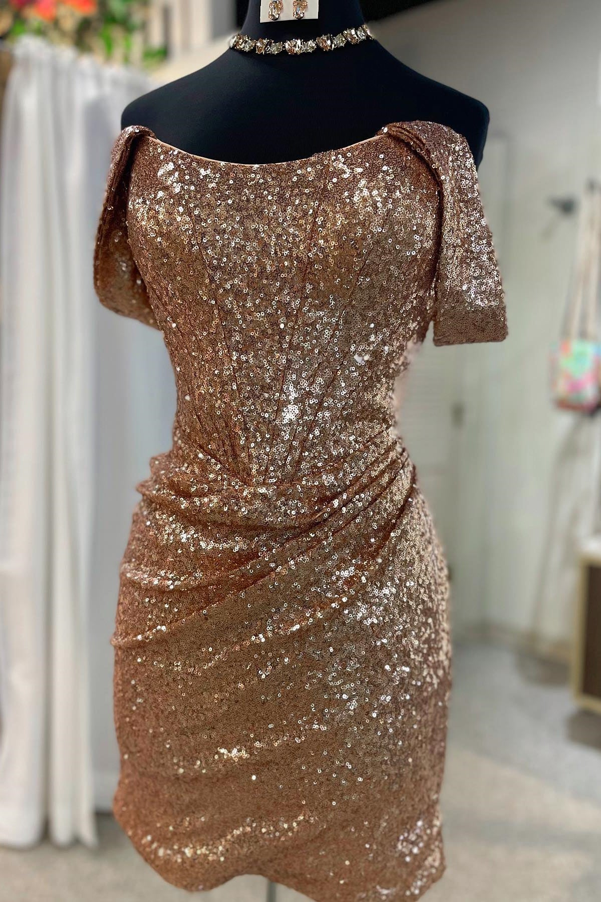 Off the Shoulder Rose Gold Sequin Tight Mini Dress Dressesforparty