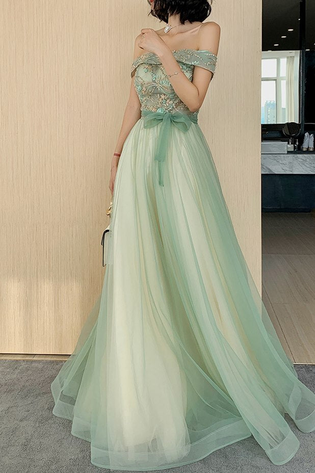 Sage Green Off the Shoulder Tulle Lace Prom Dress with Ruffles main image 1