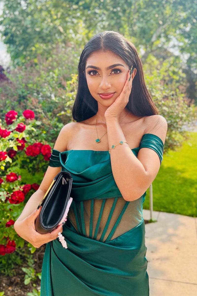 Off the Shoulder Sark Green Satin Mermaid Formal Dress
