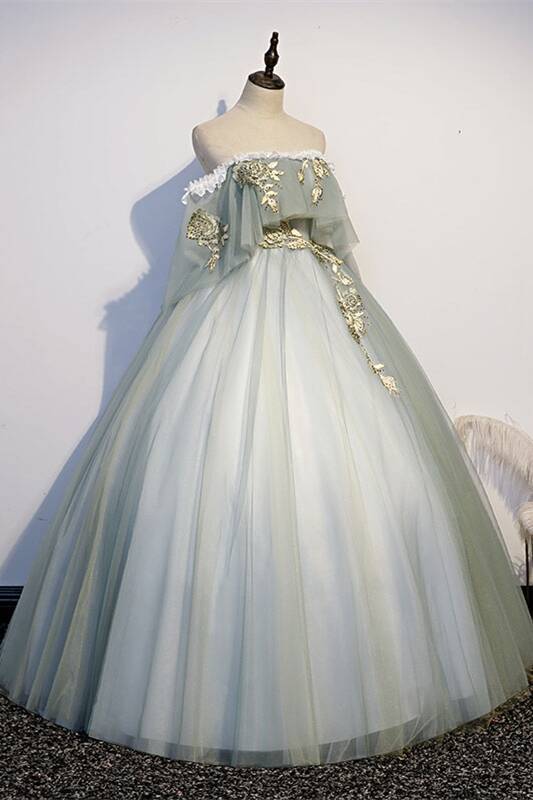 Off the Shoulder Tulle Green Long Ball Gown 