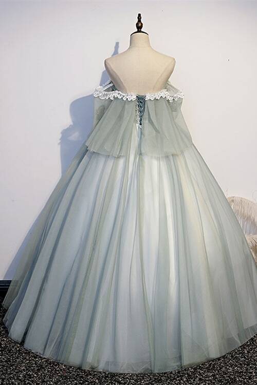 Off the Shoulder Tulle Green Long Ball Gown 