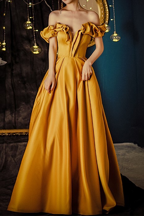 Off the Shoulder Yellow A-line Long Formal Dress