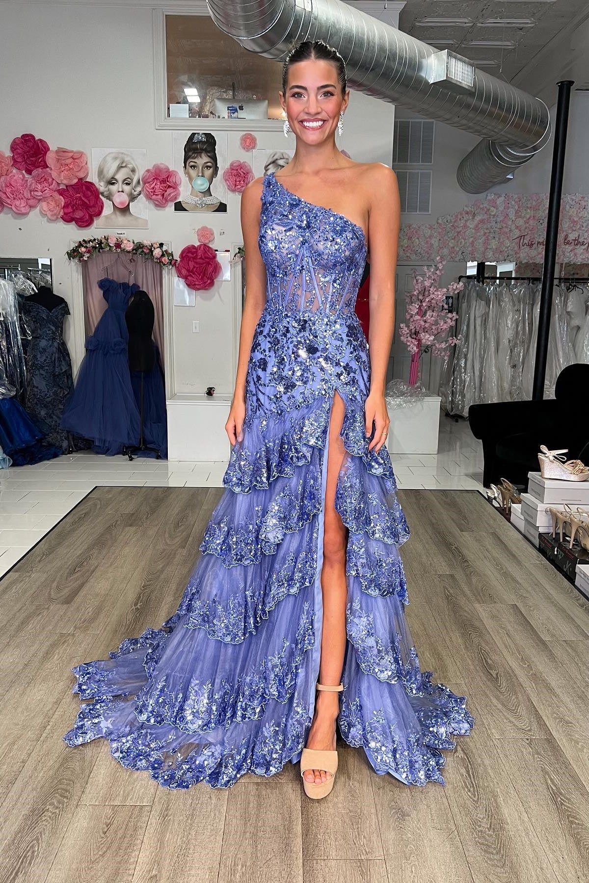 One Shoulder Ruffle Slit Dress With Floral Waist Blushing Pink