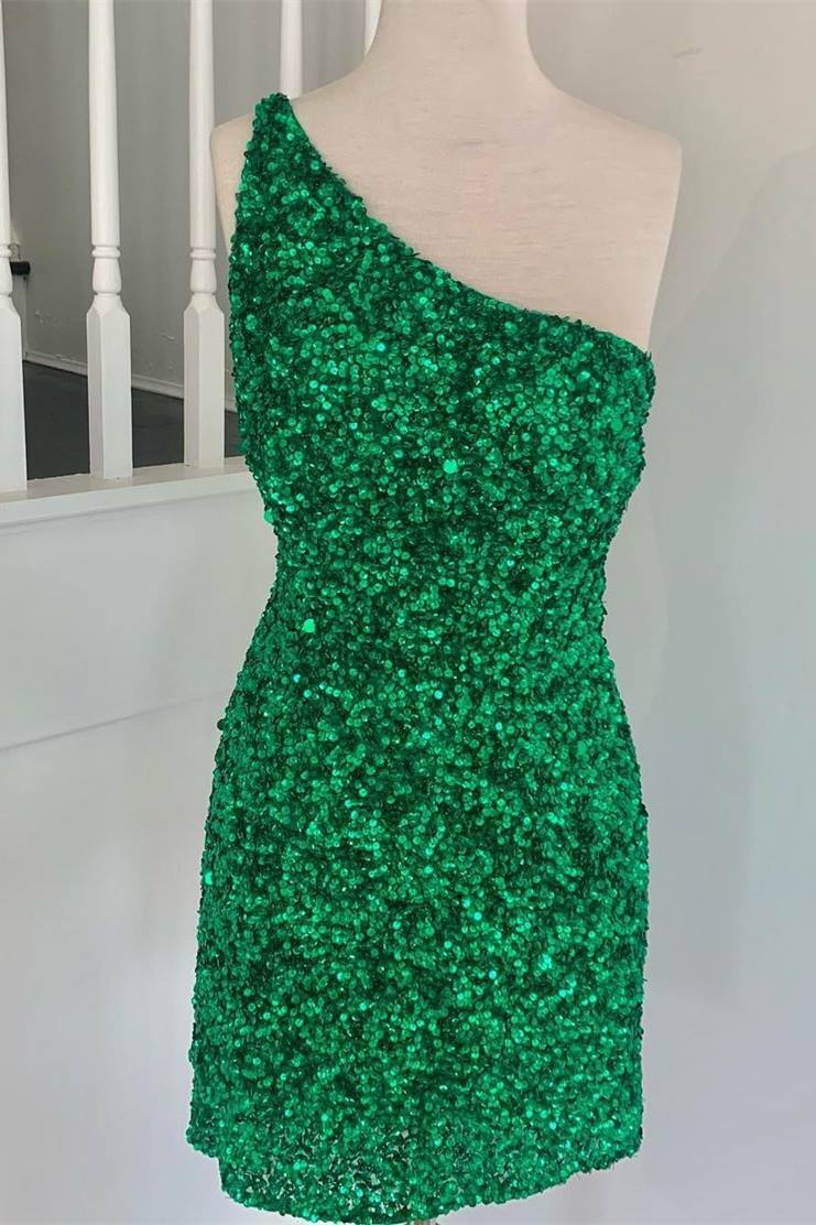 One Shoulder Green Sequins Bodycon Mini Dress