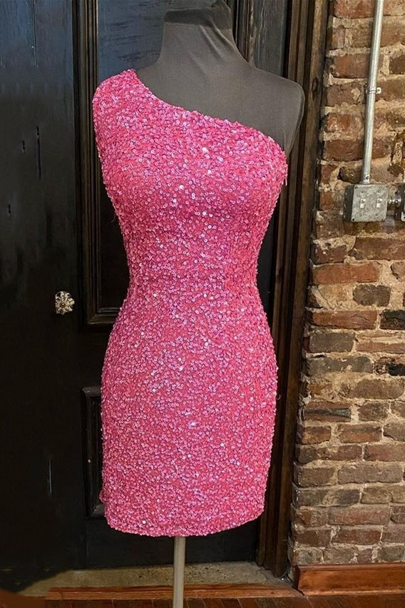 One Shoulder Hot Pink Sequins Mini Bodycon Dress