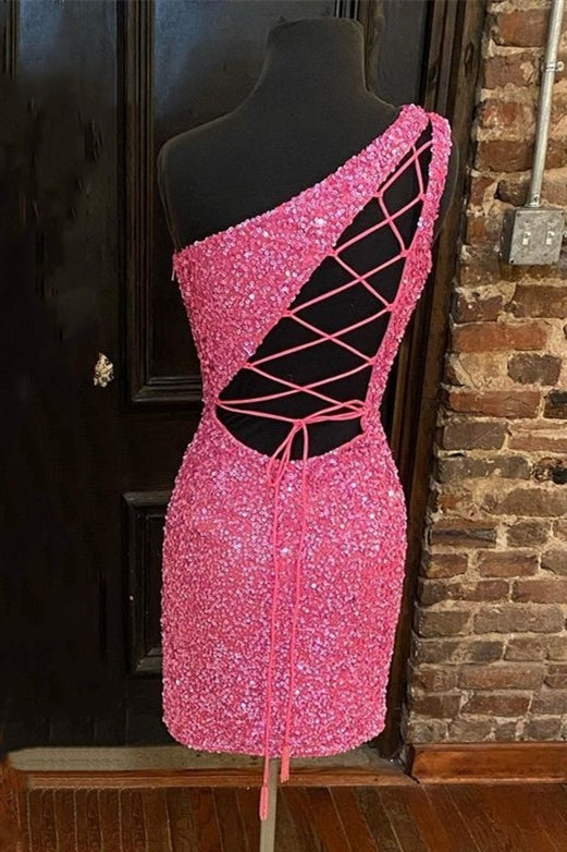 One Shoulder Hot Pink Sequins Mini Bodycon Dress