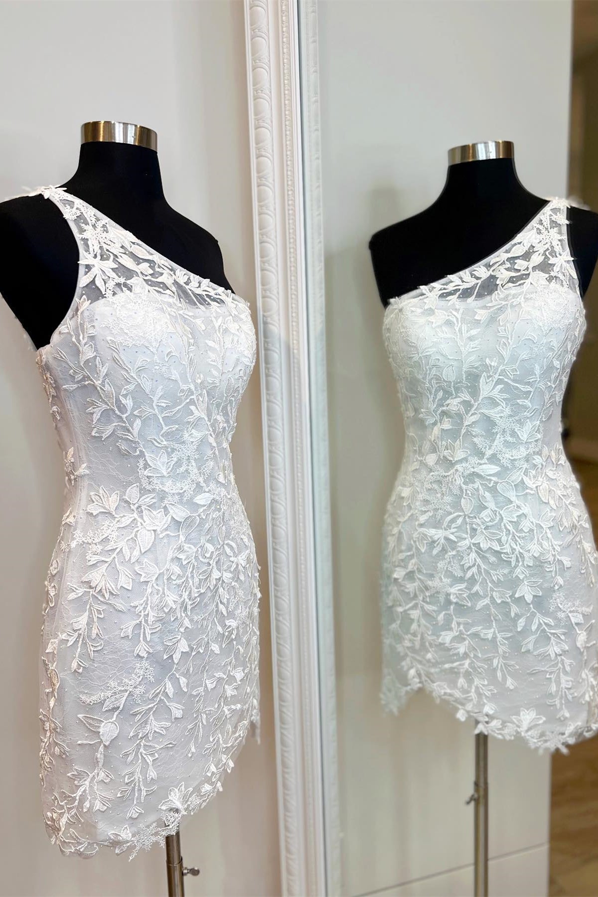 One Shoulder White Lace Bodycon Mini Homecoming Dress
