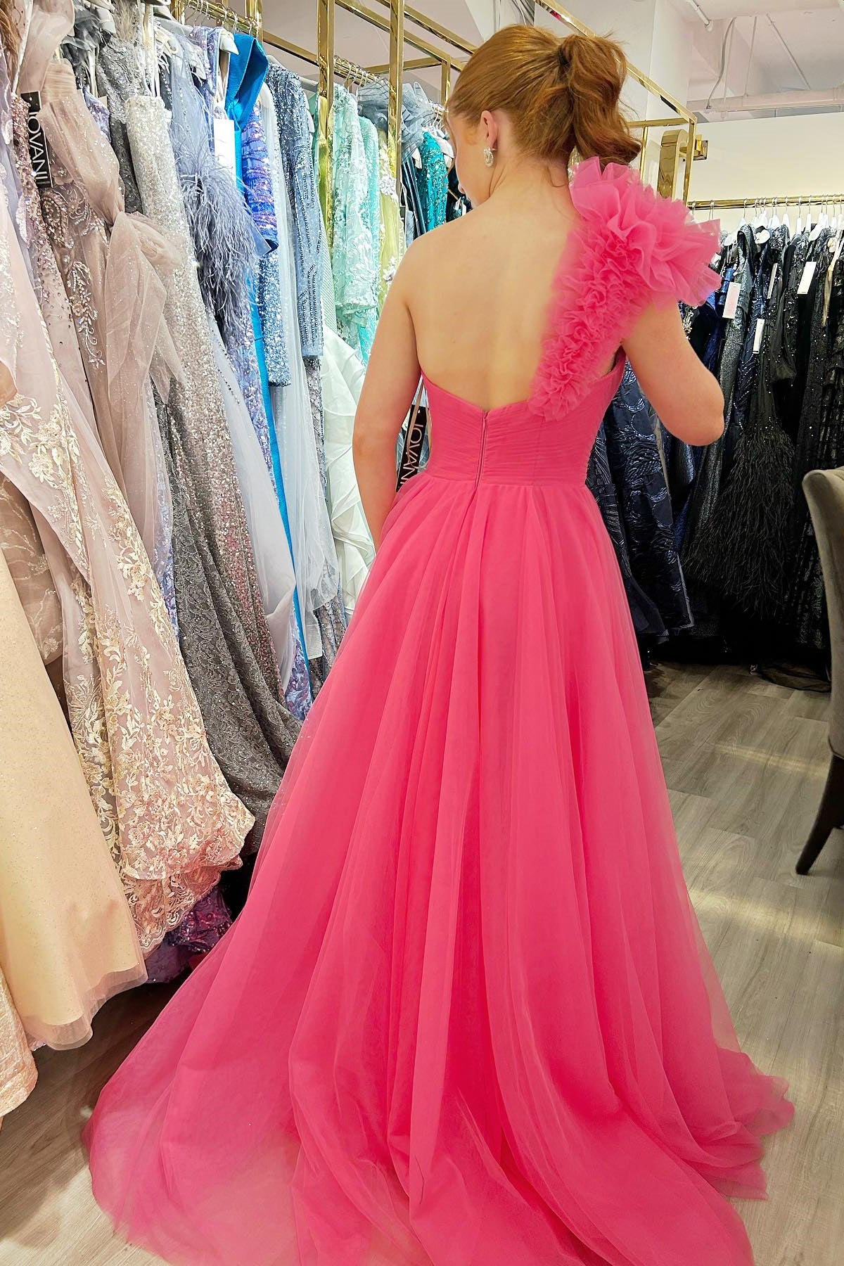 One Shoulder Hot Pink Pleated Long Formal Dress