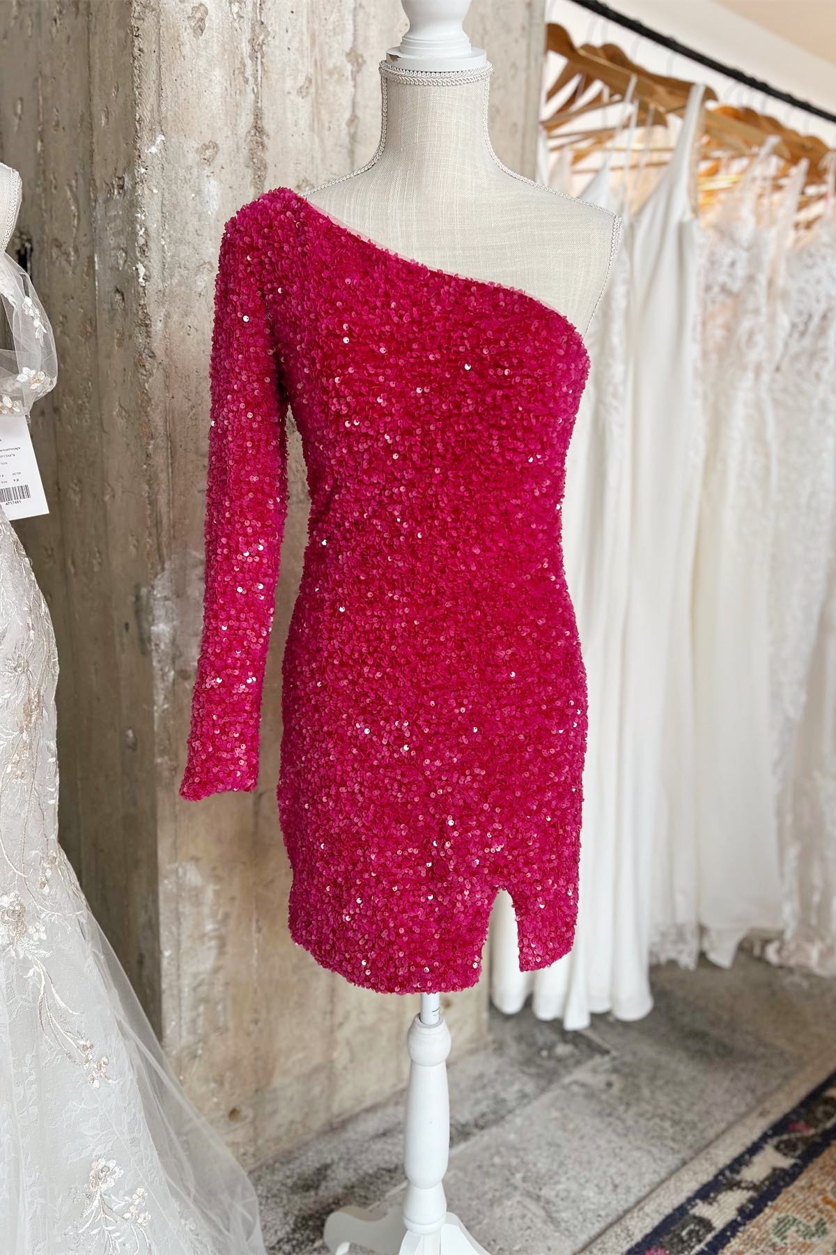 One Shoulder Hot Pink Sequin Bodycon Mini Dress