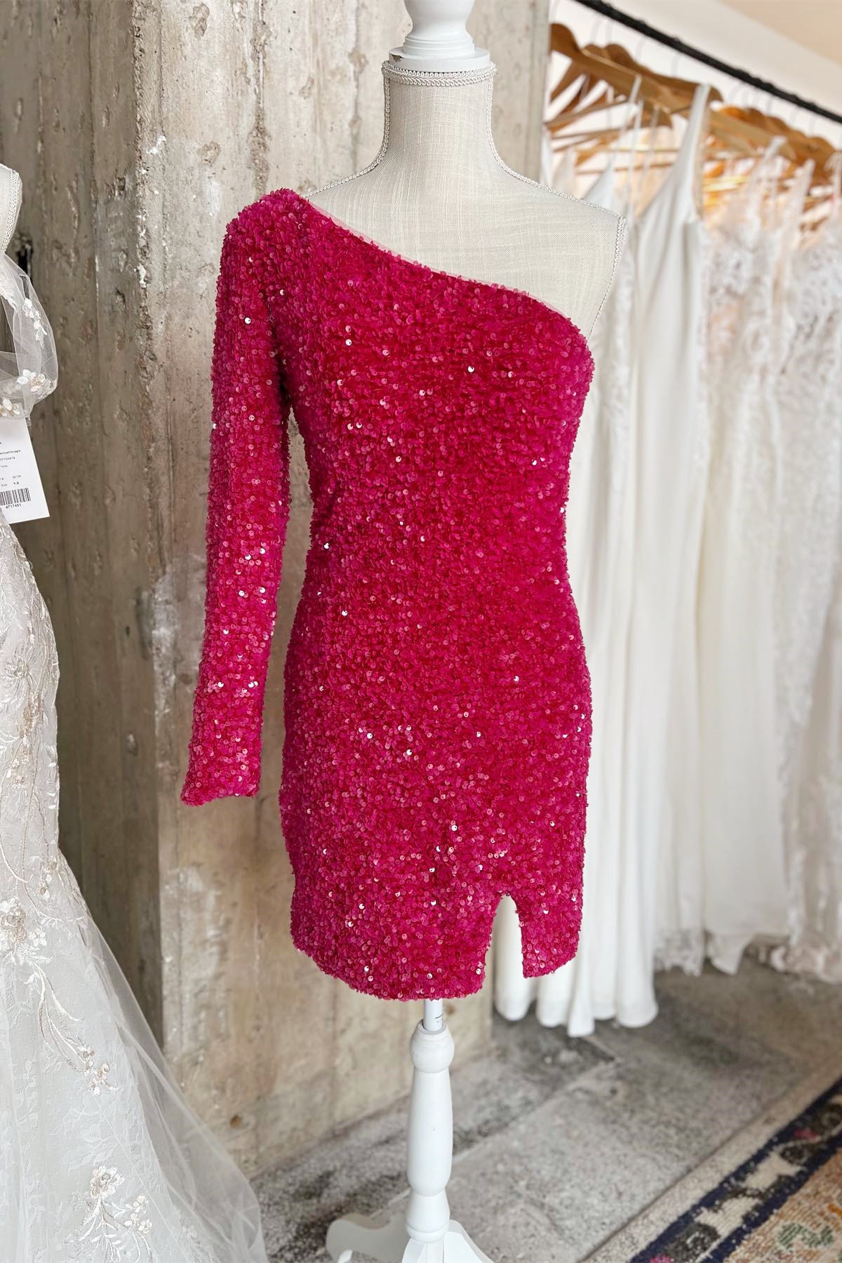 One Shoulder Hot Pink Sequin Bodycon Mini Dress Dressesforparty One Shoulder Hot Pink Sequin Bodycon Mini Dress Dressesforparty