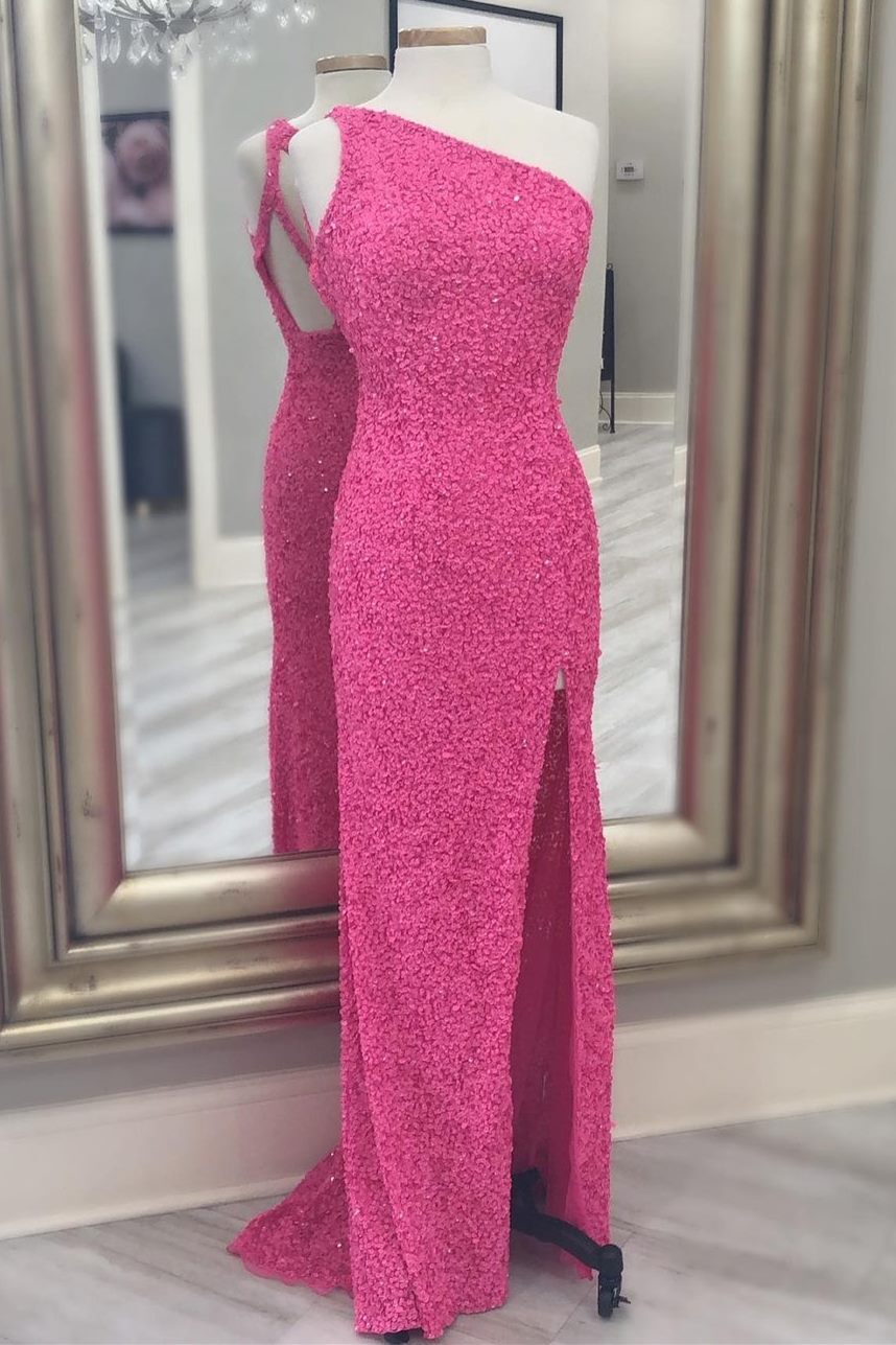One Shoulder Hot Pink Sequins Mermaid Long Prom Dress – Dressesforparty