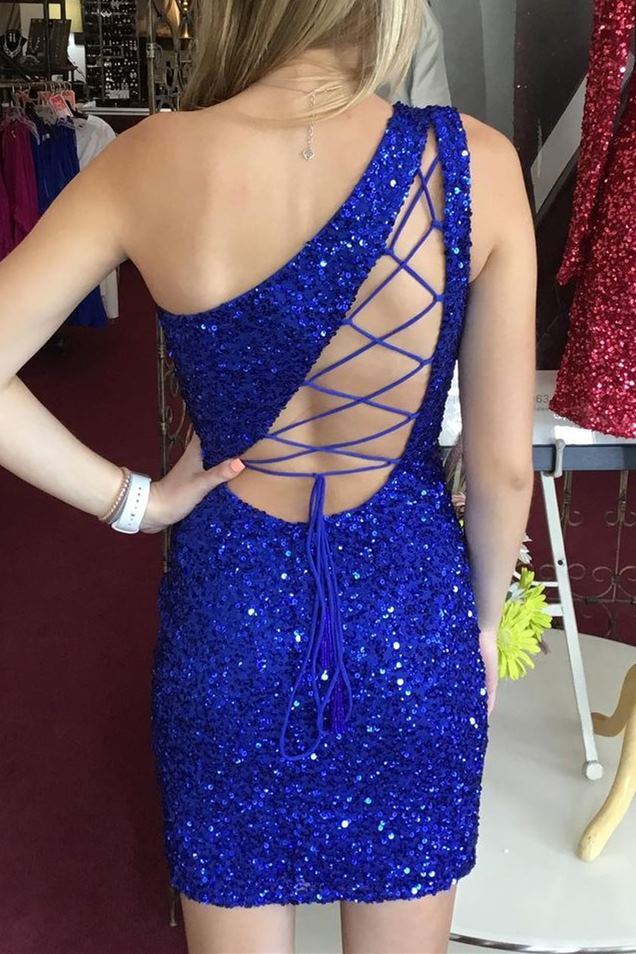 One Shoulder Hot Pink Sequins Mini Bodycon Dress