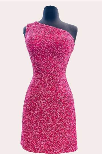 One Shoulder Hot Pink Sequins Mini Bodycon Dress