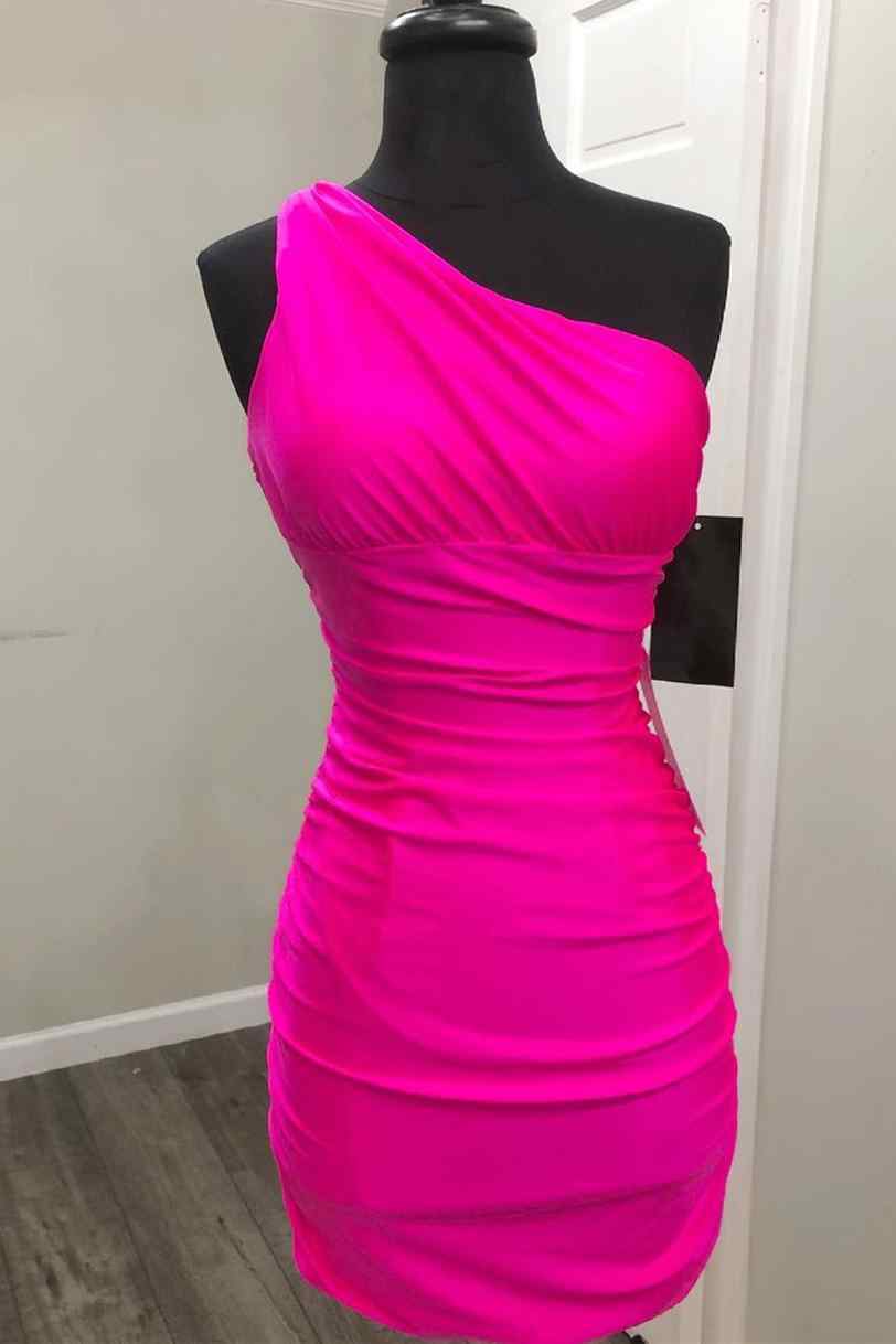 One Shoulder Hot Pink Tight Mini Homecoming Dress 