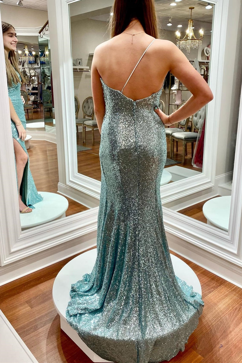 One Shoulder Light Blue Sequin Mermaid Long Formal Dress