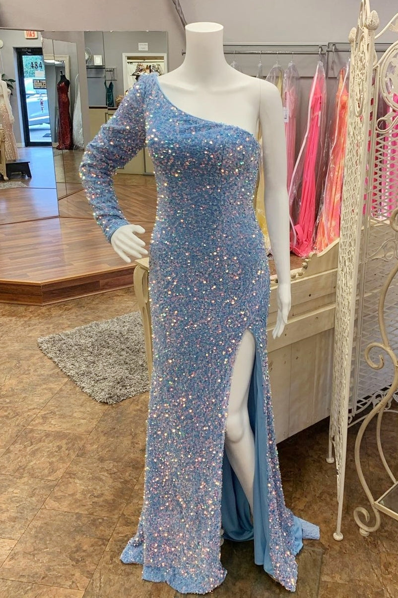 One Shoulder Light Blue Sequin Mermaid Long Prom Dress with Slit Dressesforparty One Shoulder Light Blue Sequin Mermaid Long Prom Dress with Slit Dressesforparty