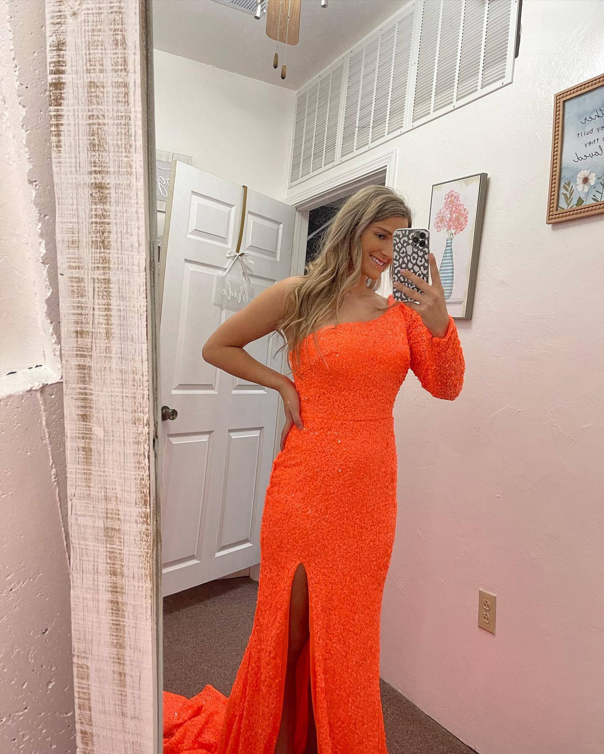 One Shoulder Light Blue Sequin Mermaid Long Prom Dress with Slit