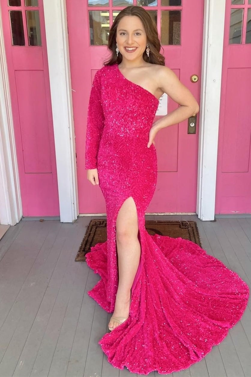 One Shoulder Long Sleeve Hot Pink Sequin Mermaid Long Formal Dress Dressesforparty One Shoulder Long Sleeve Hot Pink Sequin Mermaid Long Formal Dress Dressesforparty