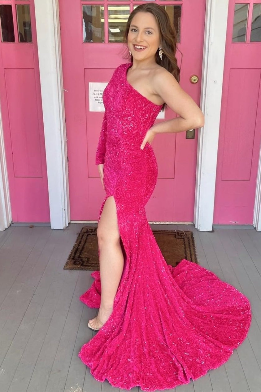 One Shoulder Long Sleeve Hot Pink Sequin Mermaid Long Formal Dress