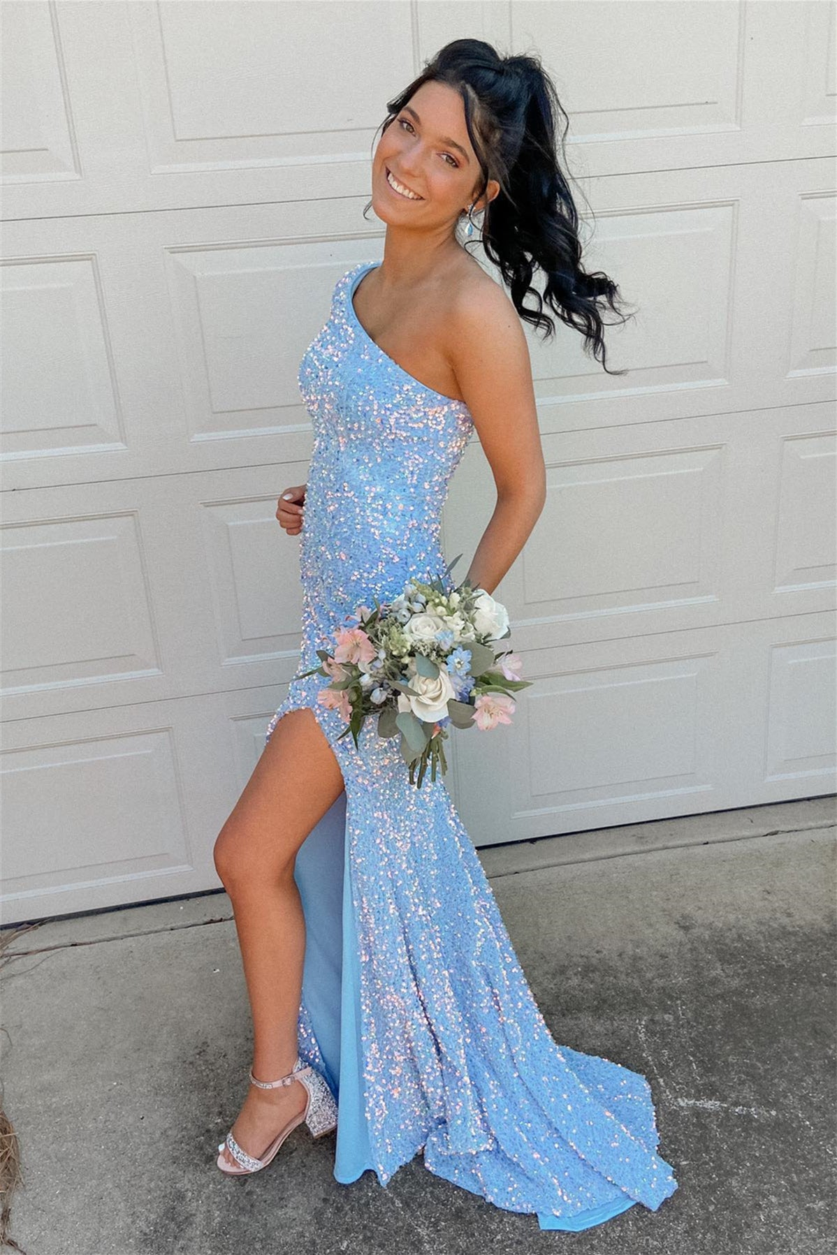 One Shoulder Long Sleeve Hot Pink Sequin Mermaid Long Formal Dress Dressesforparty One Shoulder Long Sleeve Hot Pink Sequin Mermaid Long Formal Dress Dressesforparty
