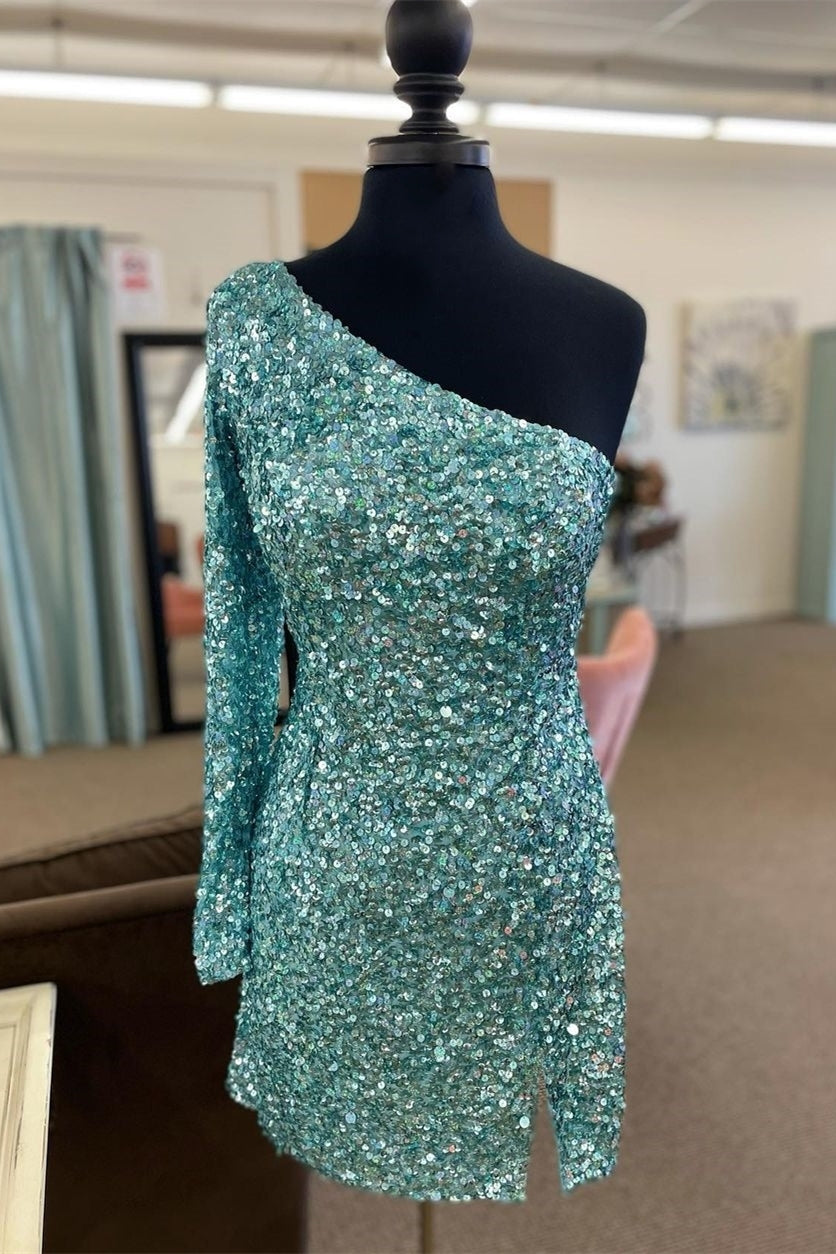 One Shoulder Long Sleeve Tiffany Blue Sequin Bodycon Mini Dress Dressesforparty