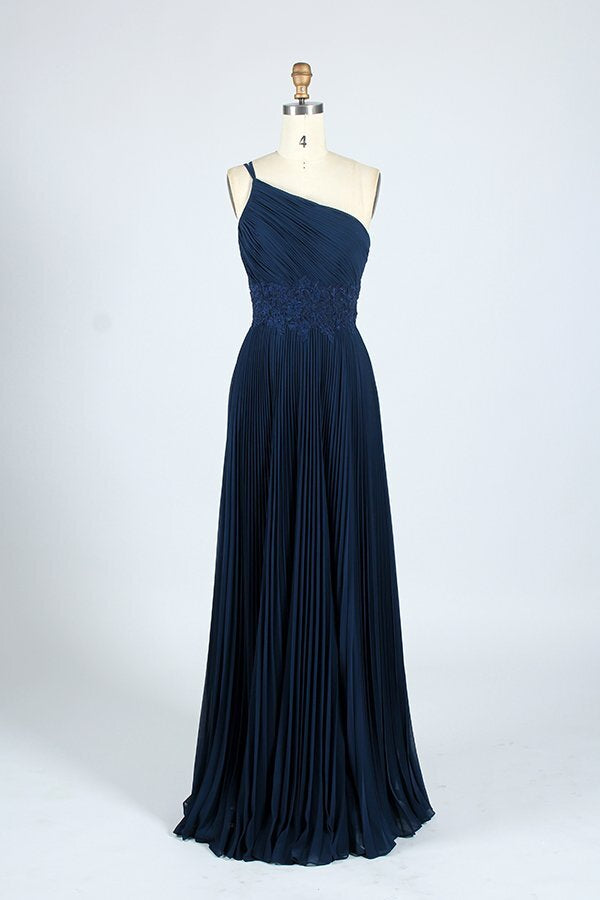 One Shoulder Navy Blue A-line Long Bridesmaid Dress