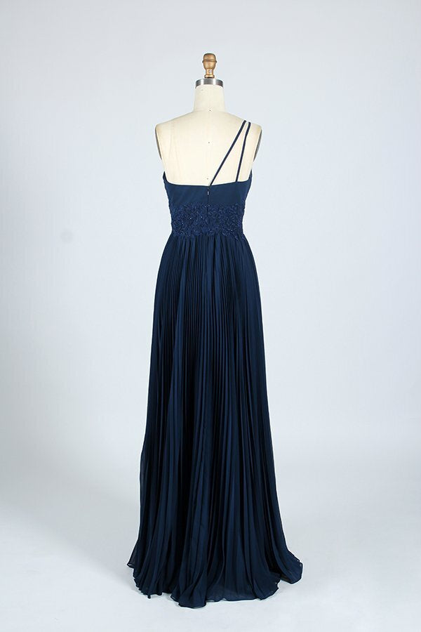 One Shoulder Navy Blue A-line Long Bridesmaid Dress