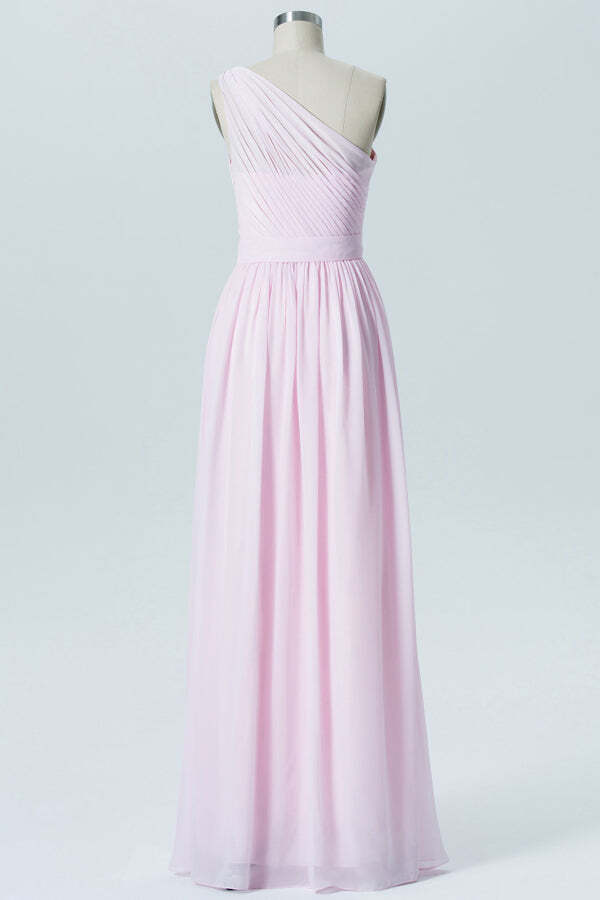 One Shoulder Pearl Pink Chiffon A-line Long Bridesmaid Dress
