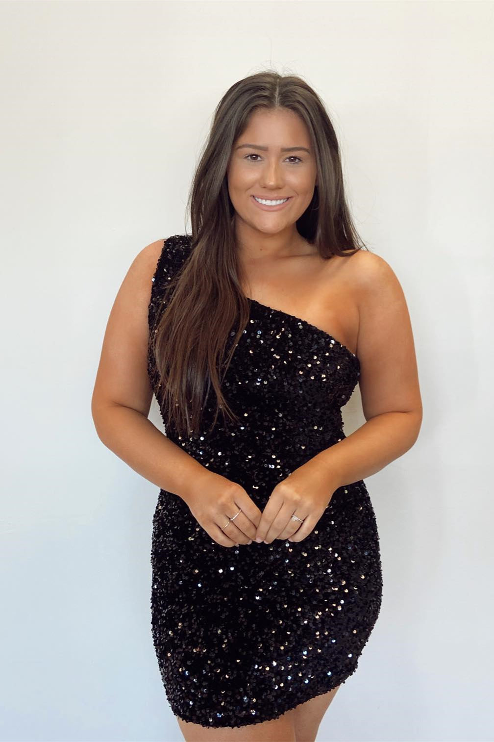 One Shoulder Black Sequin Mini Dress