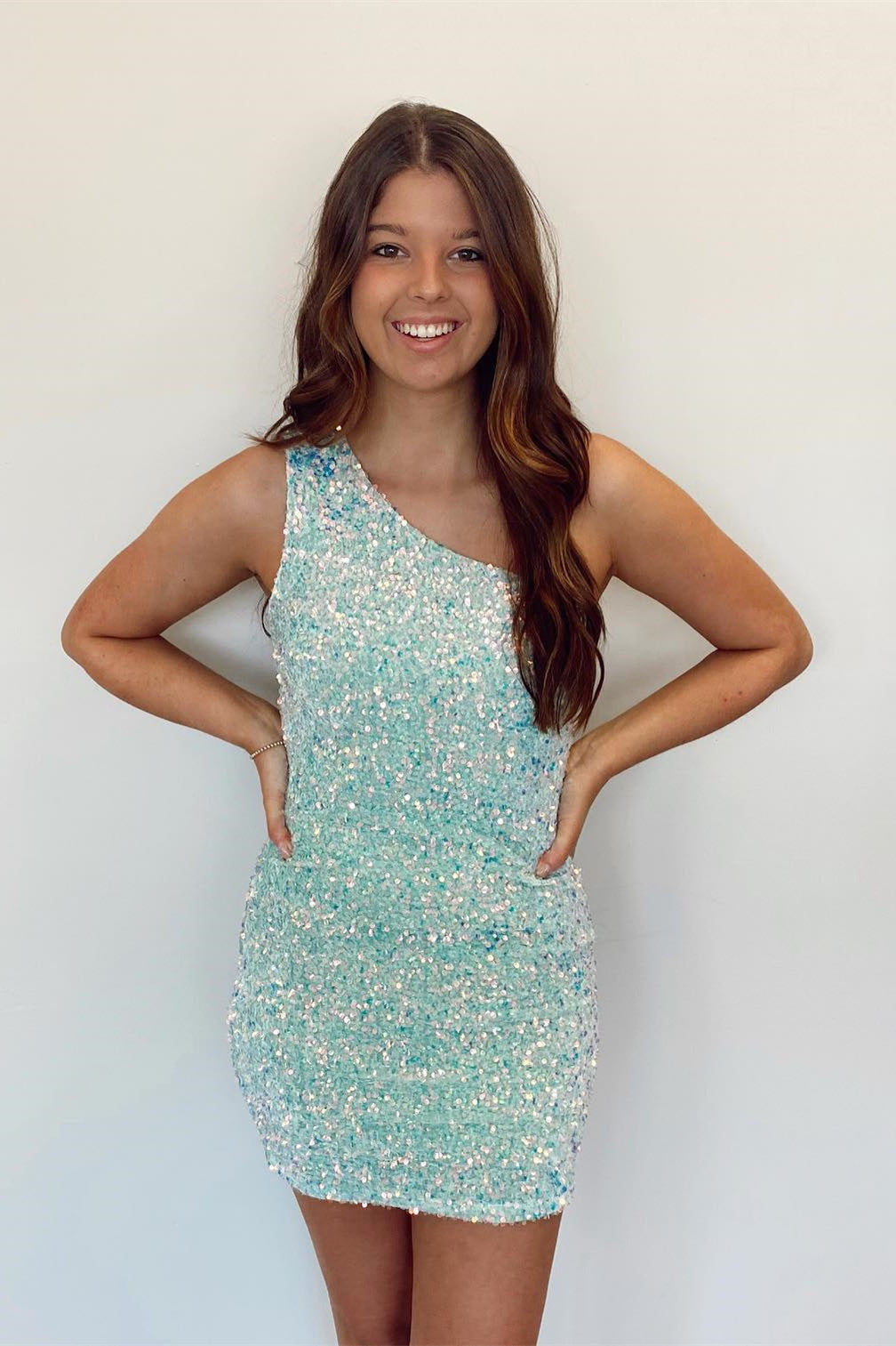 One Shoulder Mint Green Sequin Mini Dress