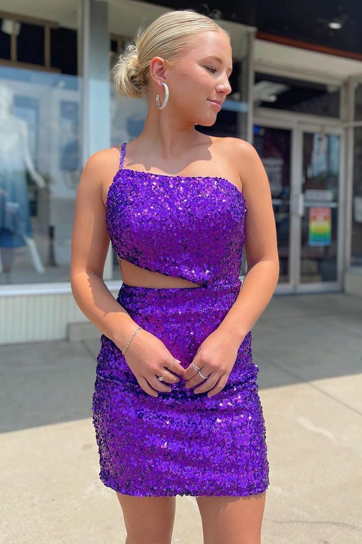 knee length dresses for ladies Nights in Portofino Asymmetric Shoulder Sequin Mini Dress Purple main image 1