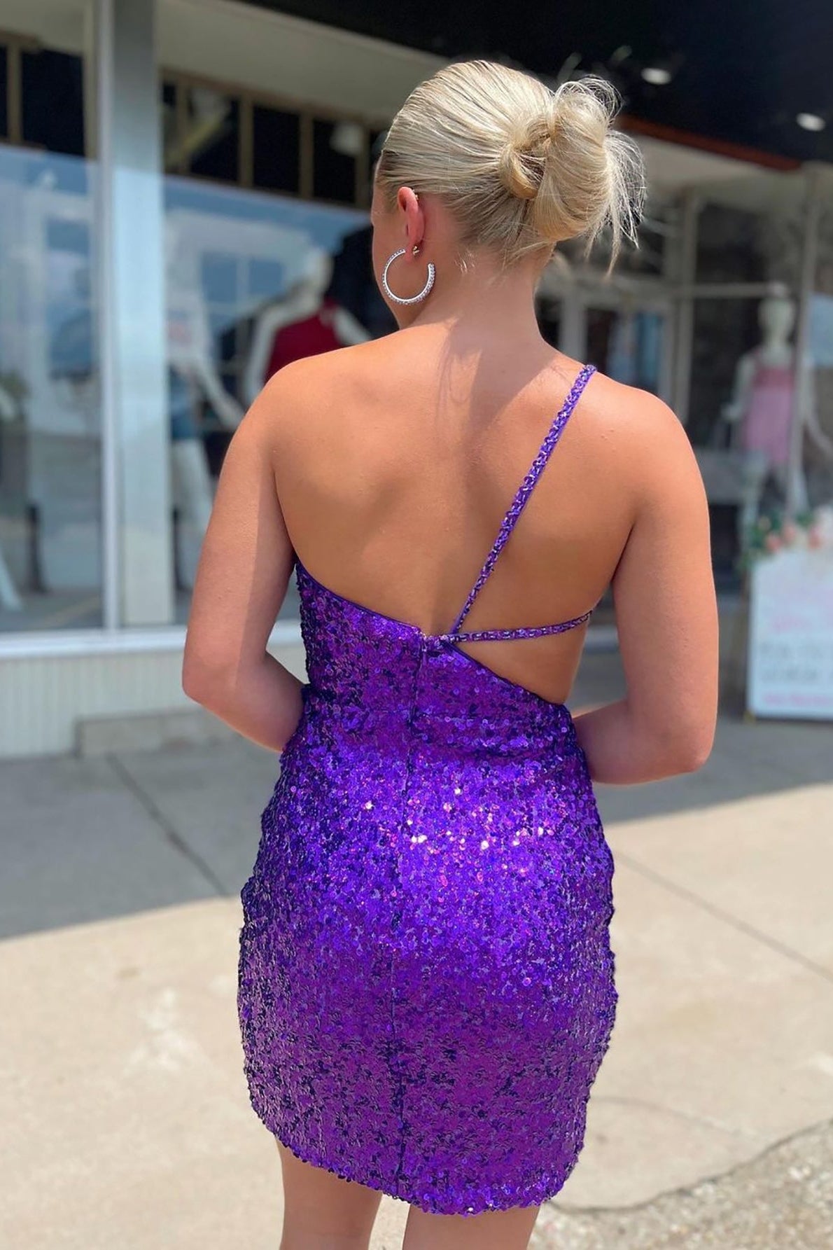 One Shoulder Purple Sequin Cutouts Tight Mini Dress