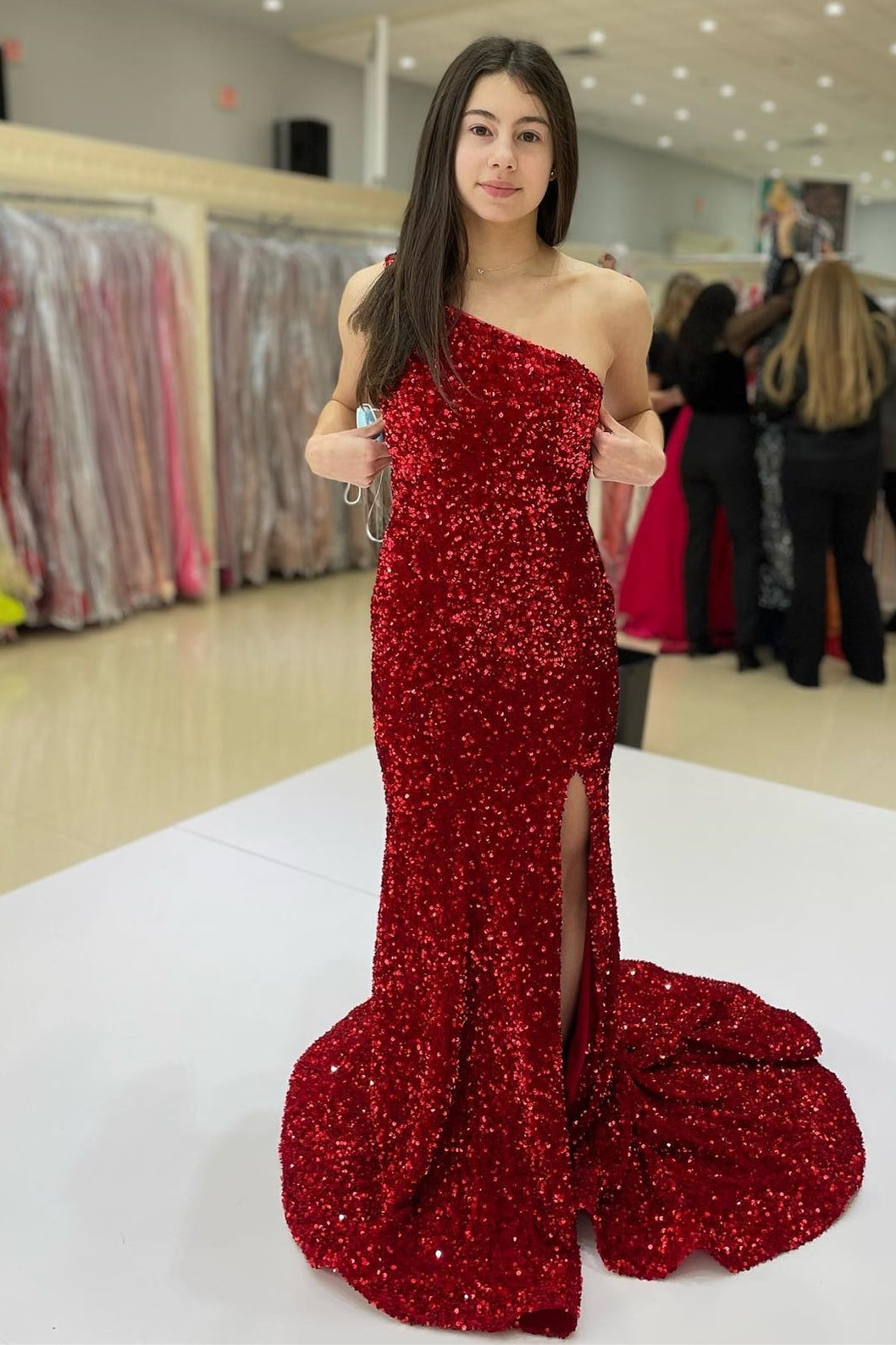 One Shoulder Purple Sequin Mermaid Long Formal Dress