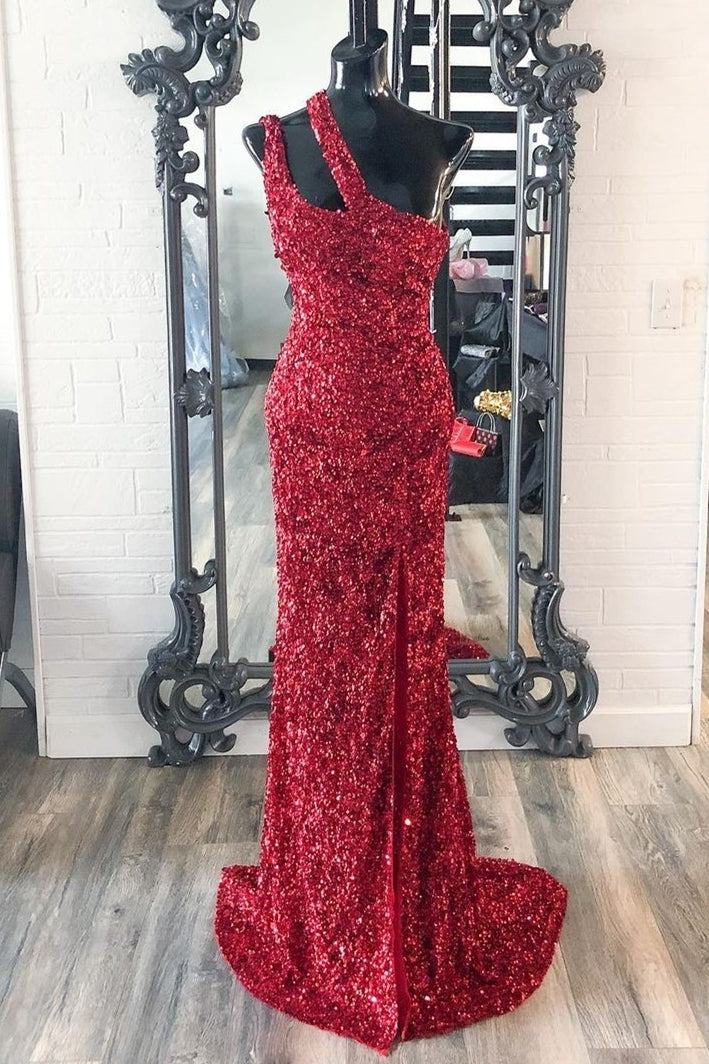 One Shoulder Red Sequins Mermaid Long Prom Dress