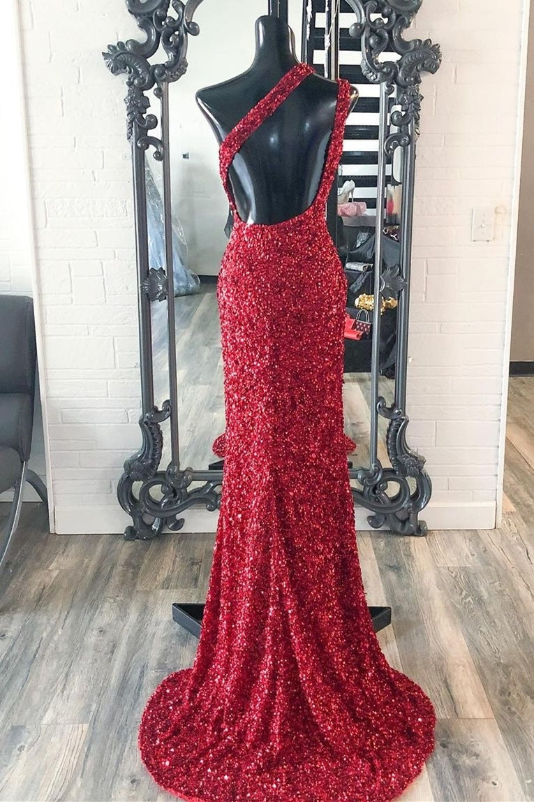 One Shoulder Red Sequins Mermaid Long Prom Dress