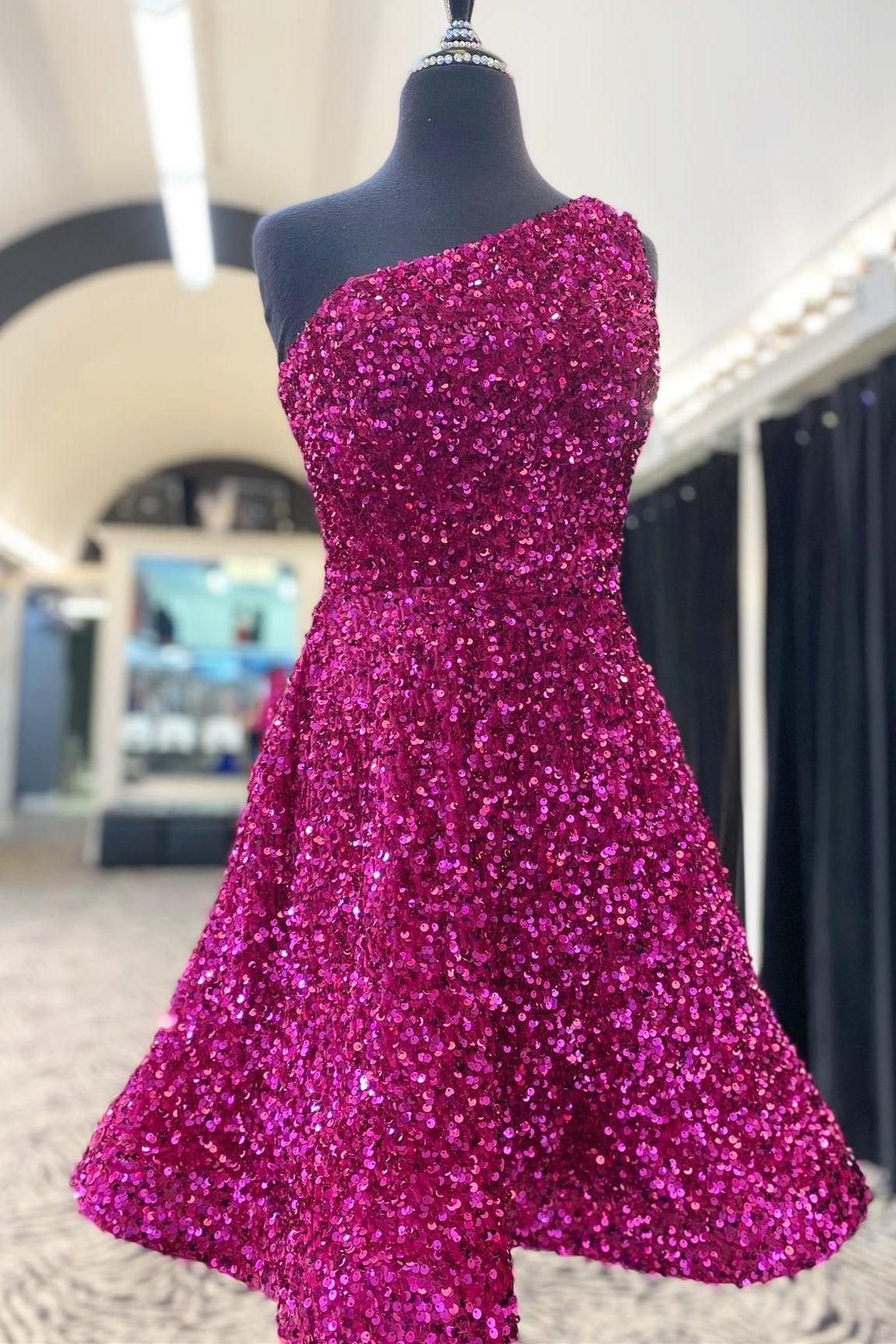 One Shoulder Fuchsia Sequin Short A-line Homecoming Dress