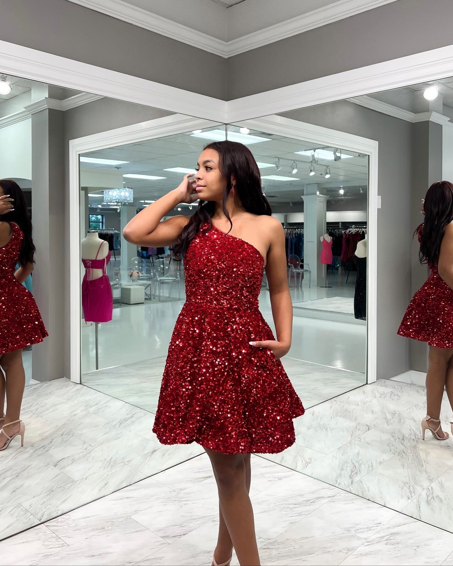 One Shoulder Red Sequin Short A-line Homecoming Dress