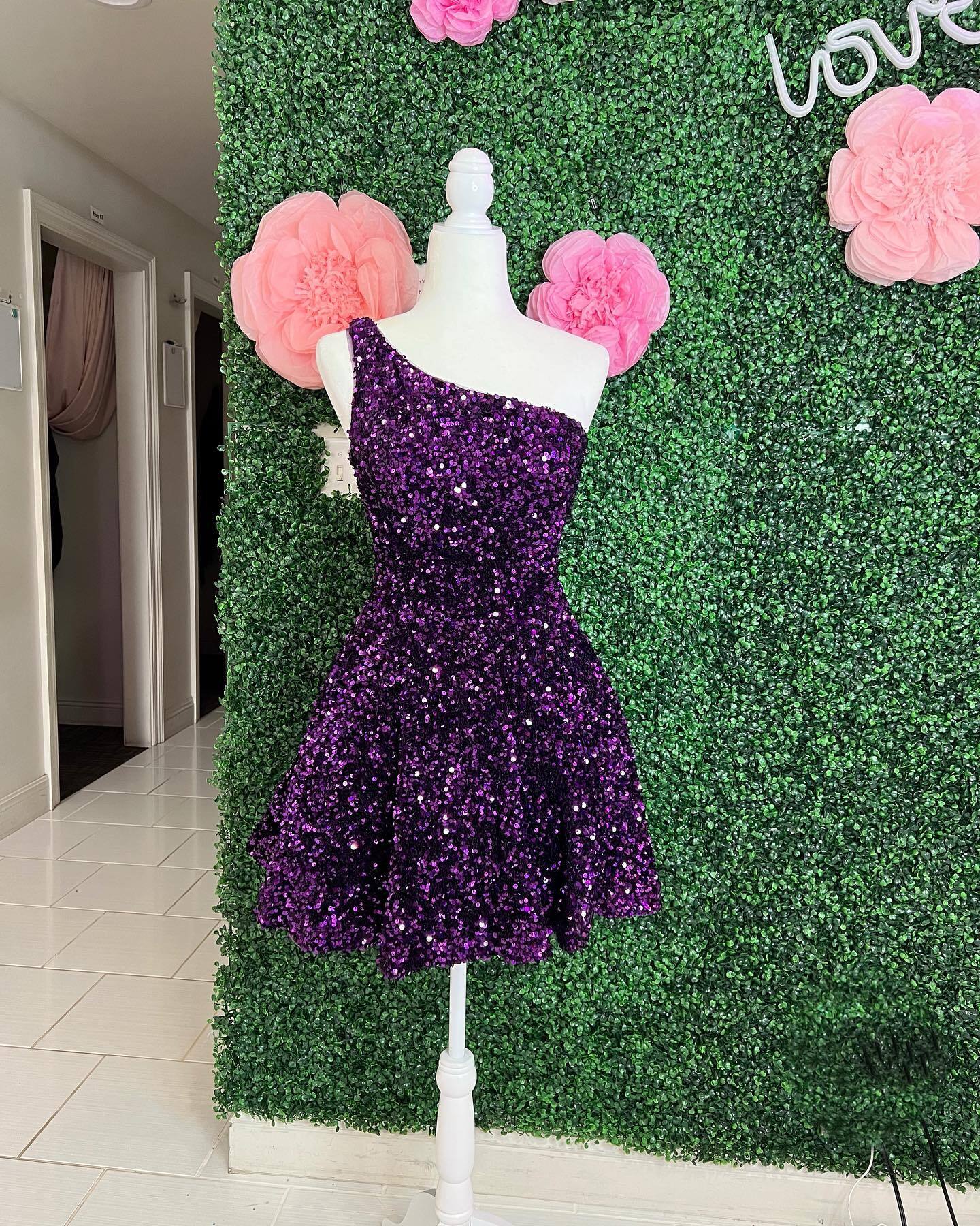 One Shoulder Purple Sequin Short A-line Homecoming Dress
